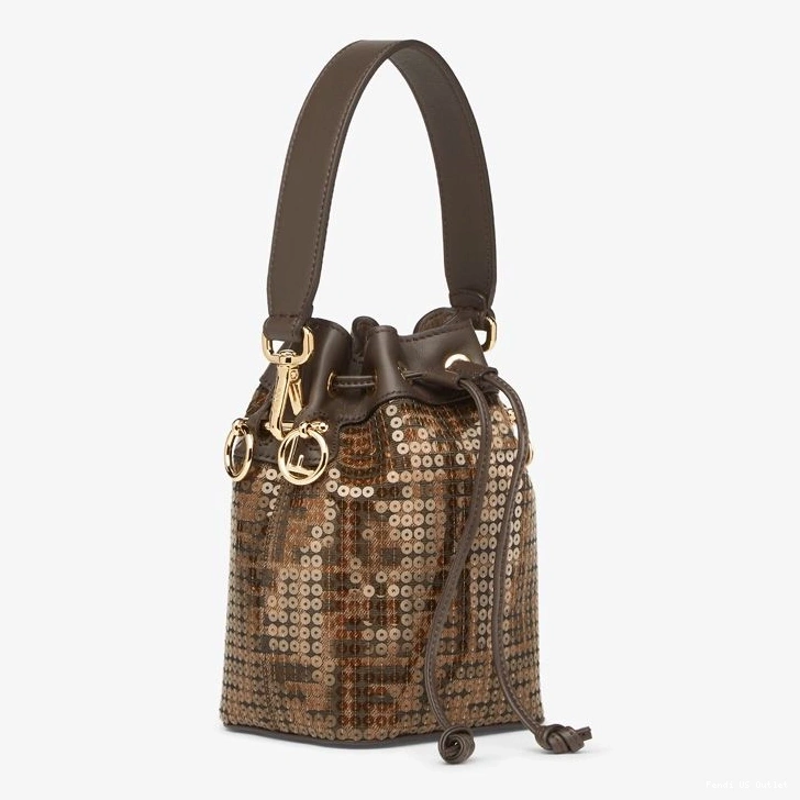 Vintage HOT Motif Brown Bucket Fabric Mon Mini In FF Tresor with Bag Fendi Sequins 0818
